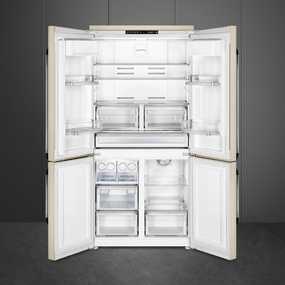 SMEG FQ960P5 Отдельностоящий 4-х дверный холодильник SIde-by-side, No-Frost,кремовый, фурнитура серебристая, 92 см