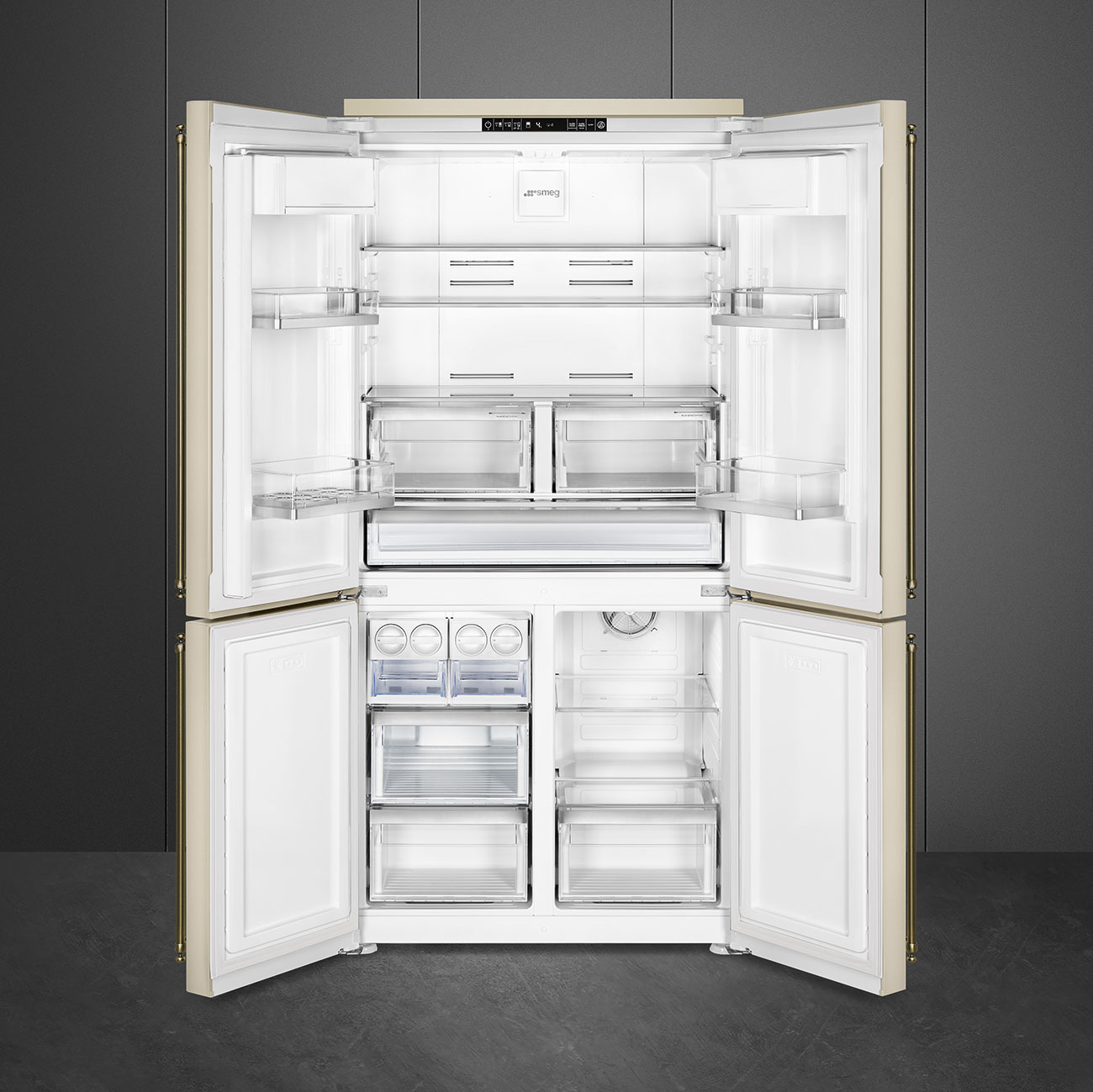 SMEG FQ60CPO5 Отдельностоящий 4-х дверный холодильник Side-by-side, No-frost, кремовый, фурнитура латунная