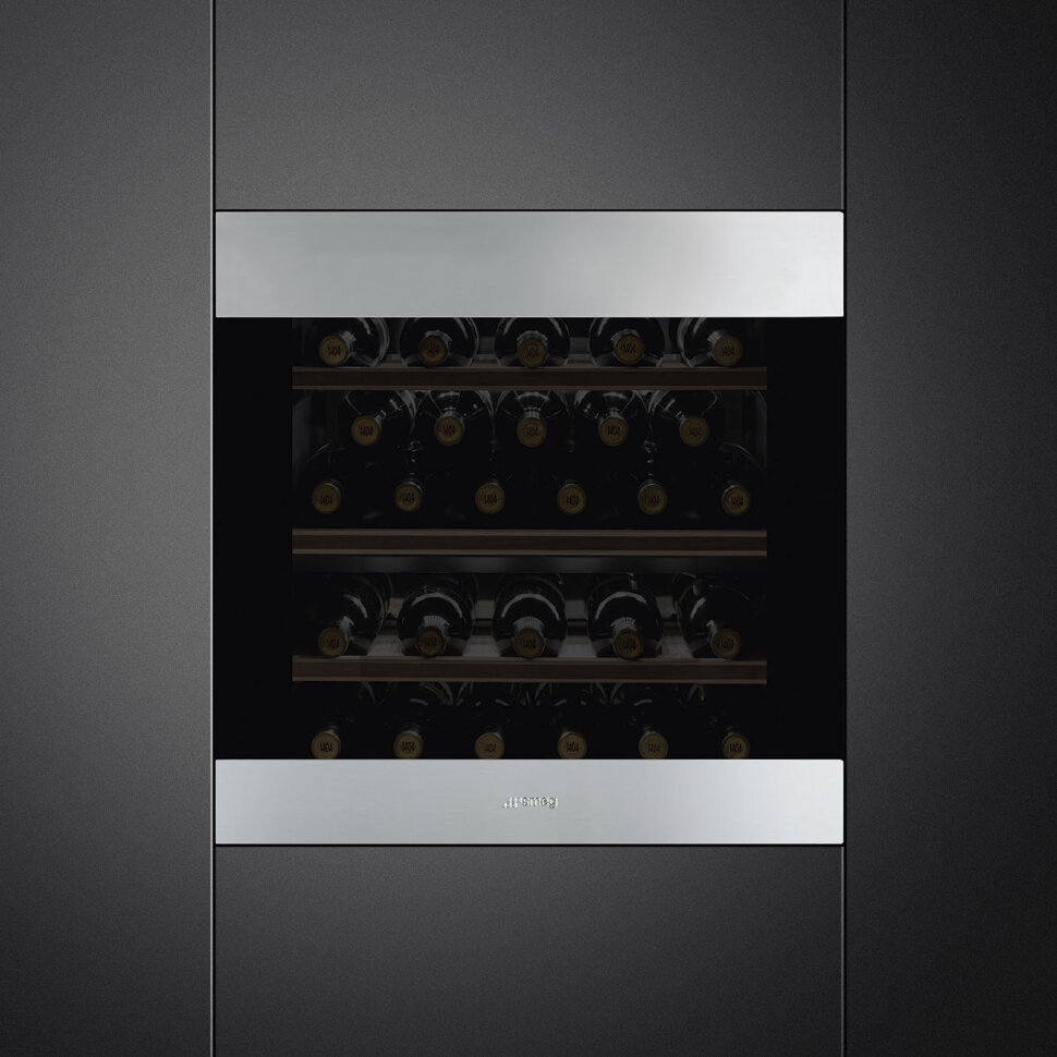 SMEG CVI329X3 Холодильный шкаф для вина встраиваемый, 60 см, высота 60 см, петли перенавешиваемые, нержавеющая сталь с обработкой против отпечатков пальцев + черное стекло Eclipse
