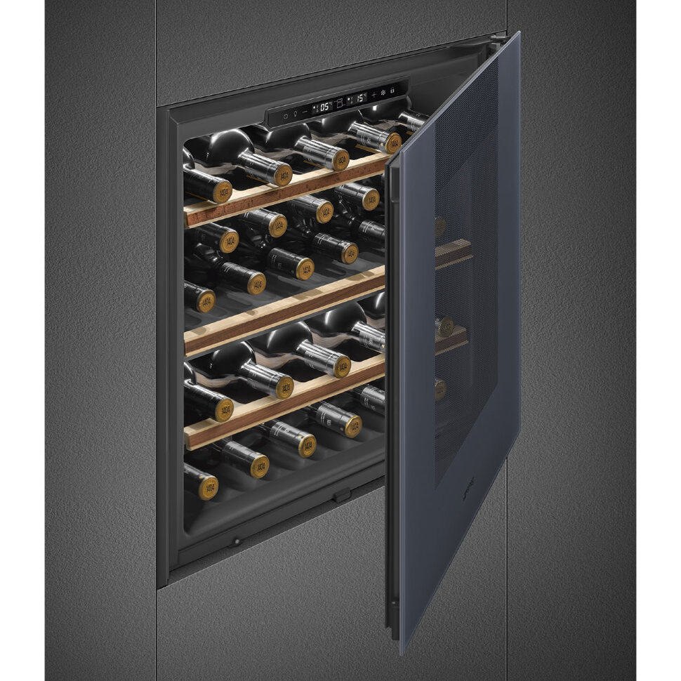 SMEG CVI129G Холодильный шкаф для вина встраиваемый, 60 см, высота 60 см, петли перенавешиваемые, стекло Neptune Grey