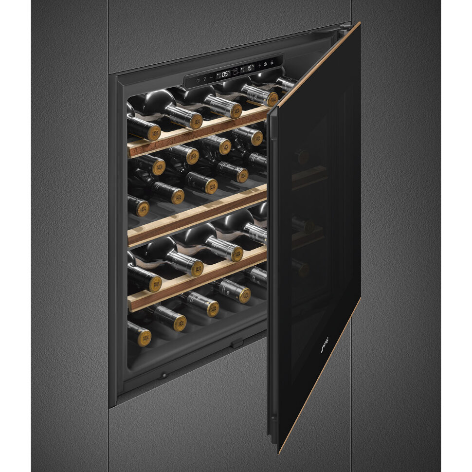 SMEG CVI629NR3 Холодильный шкаф для вина встраиваемый, 60 см, высота 60 см, петли перенавешиваемые, черное стекло