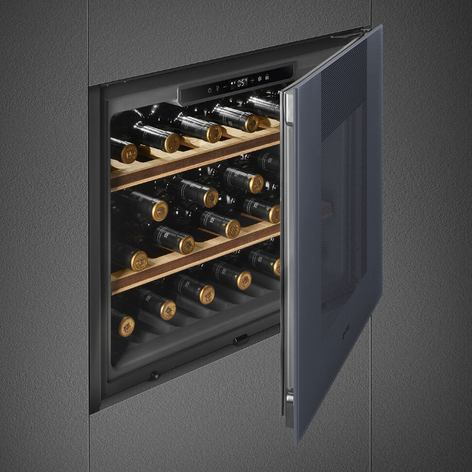 SMEG CVI121G Холодильный шкаф для вина встраиваемый, 60 см, высота 45 см, дверца перенавешиваемая, матовое стекло Neptune Grey